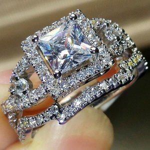 NEW 2PC/Set Princess Cut Diamond Halo Silver Ring